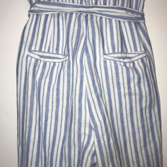 GAP Linen Cotton Jumpsuit Size 4 Blue Striped Apron Wide Leg Cropped - Picture 9 of 9